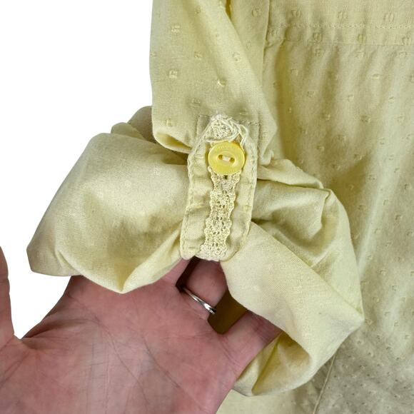 Woolrich 100% Cotton Yellow 3/4 Roll Tab Sleeve Embroidered Button Up Top Sz XL - Picture 4 of 8